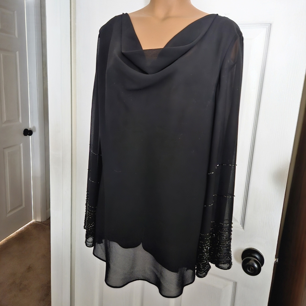 Elegant Adrianna Papell Black Sheer Blouse with Beaded Sleeves SX 2X